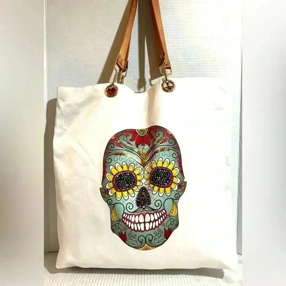 HandcraftedSkull face nlyon tote reversible handbag